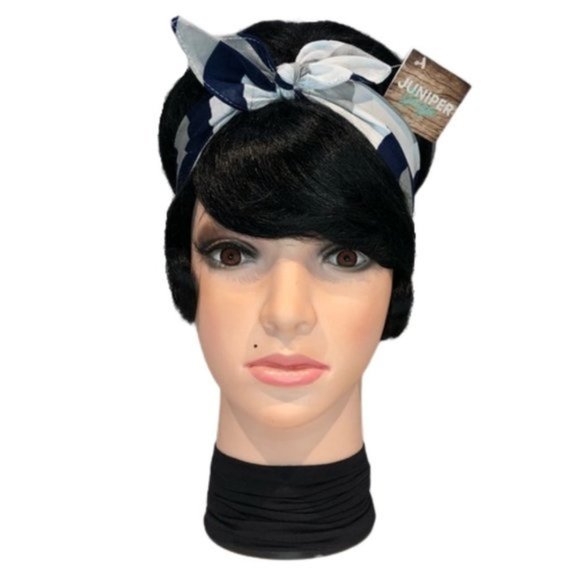 Blue, Silver and White Geometric Zig Zag Bandana Tie Headband - Picture 3 of 13